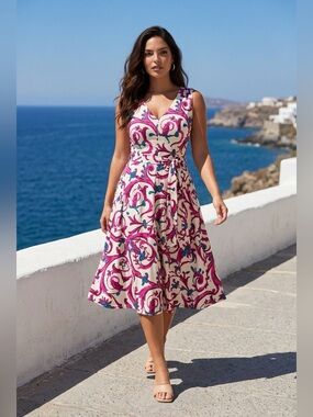 Samantha Sung Floral Scroll Print Sleeveless Dress, Size 4